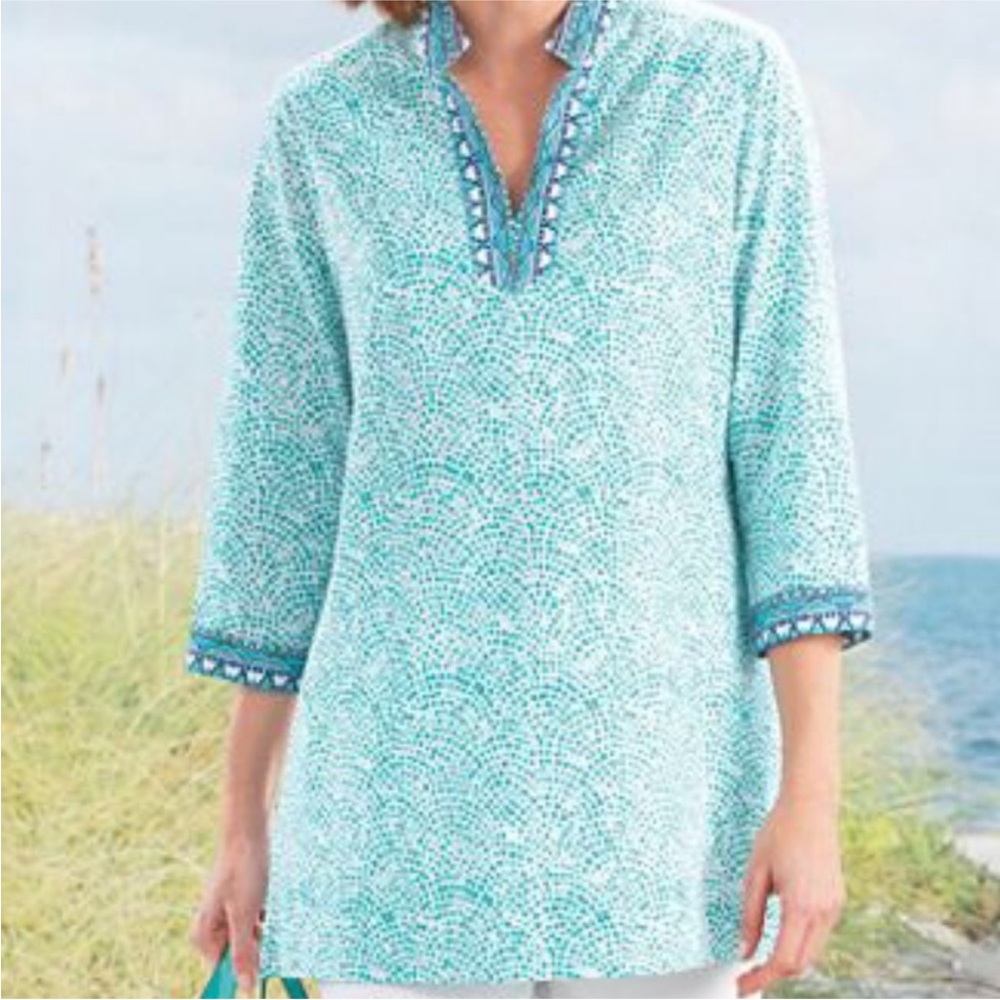Foxcroft for Appleseed’s Wrinkle Free Y-neck Tunic green white mosaic cotton 14P
